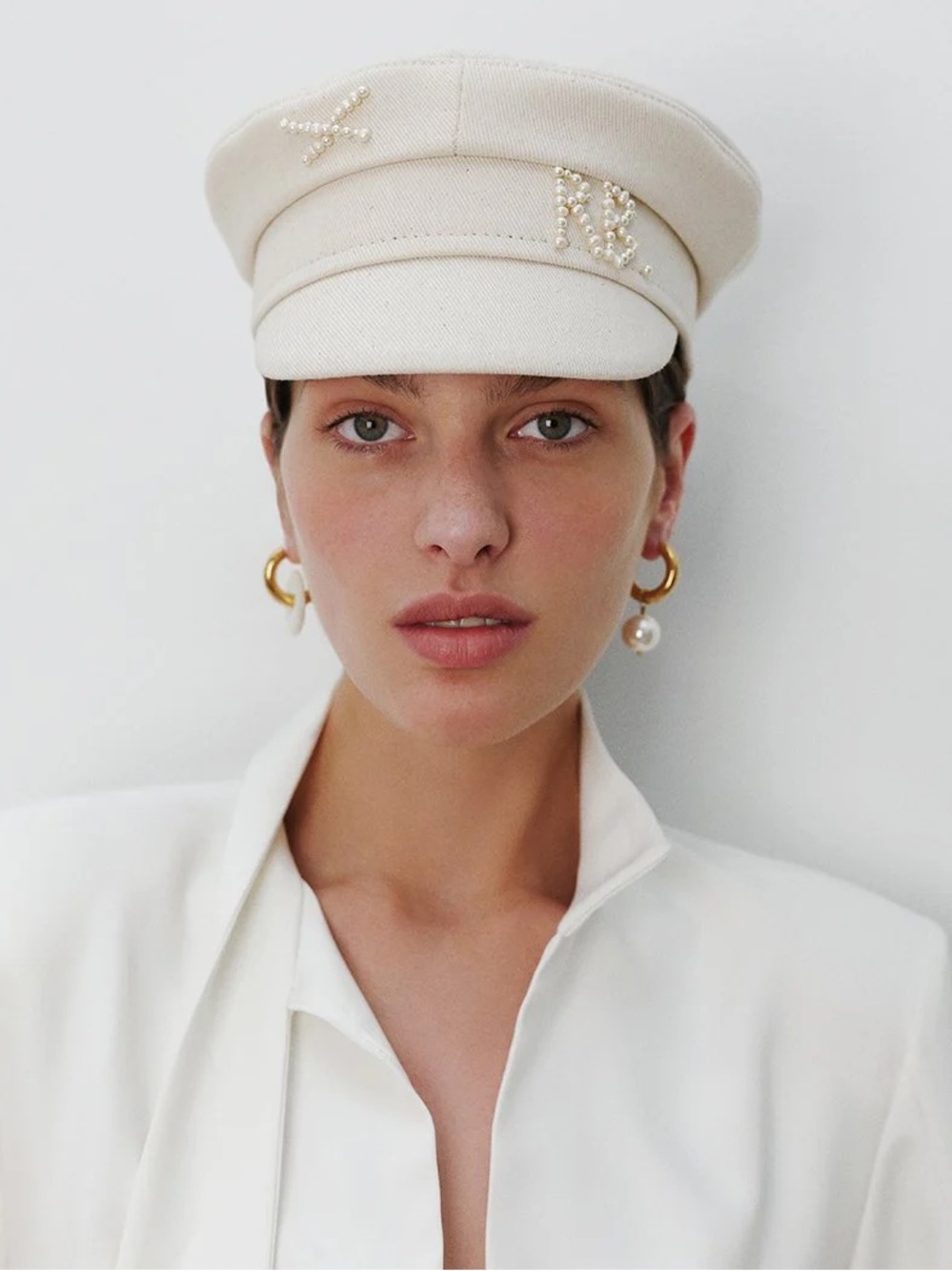 Ruslan Baginskiy Pearl-Embellished Baker Boy Cap Hat - Cream/Beige | Size L
